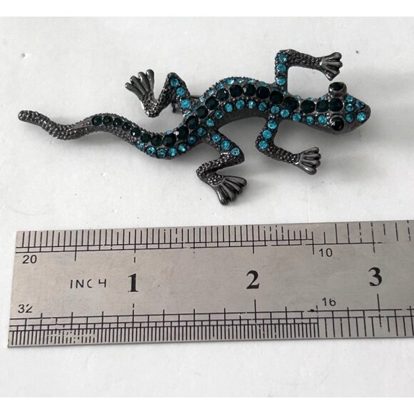 Vintage Rhinestone Lizard Brooch Pin With Blue Black - Picture 2 of 3